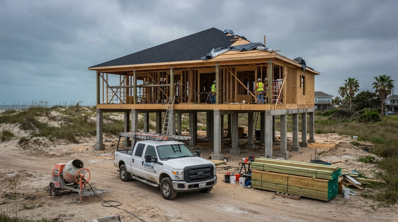 Galveston coastal home with elevated construction and wind resistant exterior